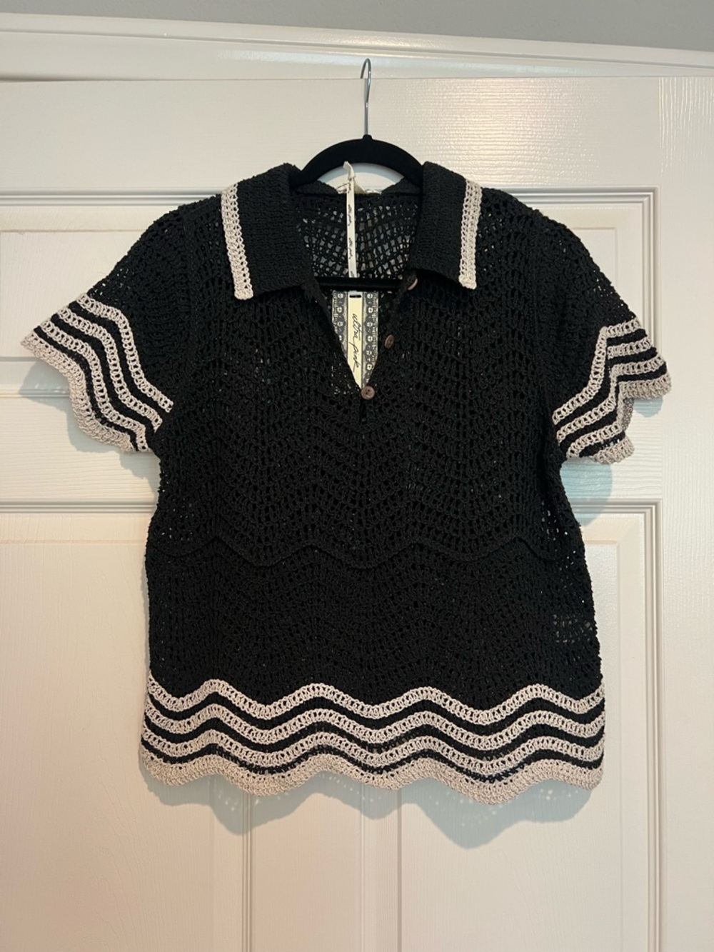 Ultra Pink Black Crochet Polo Top with Cream Trim